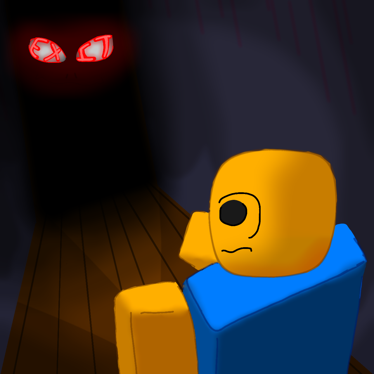 Artwork: a survivor turns to face the red eyes glowing behind the door